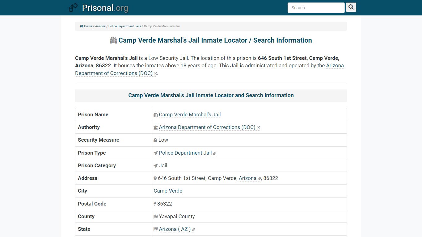 Camp Verde Marshal's Jail-Inmate Locator/Search Info ...